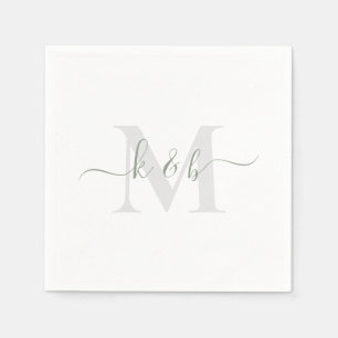 Sage & Grey Monogram Swash Script White Cocktail Napkin