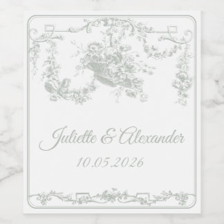 Sage Grey Toile de Jouy Wedding Bottle Label 