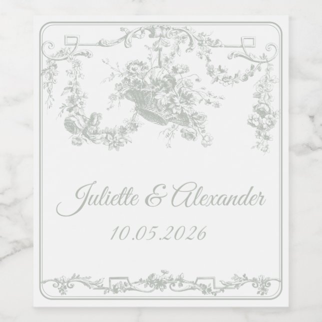 Sage Grey Toile de Jouy Wedding Bottle Label  (Single Label)