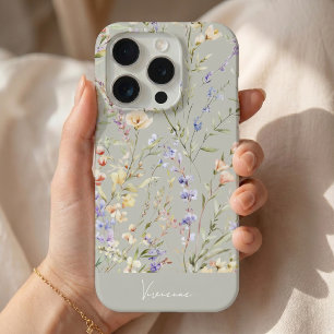 Sage Grey Watercolor Floral iPhone 15 Pro Case