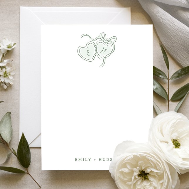 Sage Hand Drawn Hearts Monogram Personalized Card (Sage Hand Drawn Hearts Monogram Personalized Note Card)