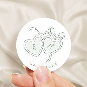 Sage Hand Drawn Hearts Monogram Whimsical Wedding Classic Round Sticker