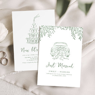 Sage Hand Drawn Just Married Car Whimsical  Invitation