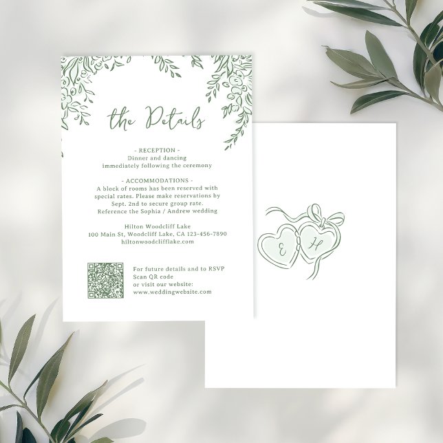 Sage Hand Drawn Monogram Whimsical Wedding Details Card (Sage Hand Drawn Monogram Whimsical Wedding Details Note Card)