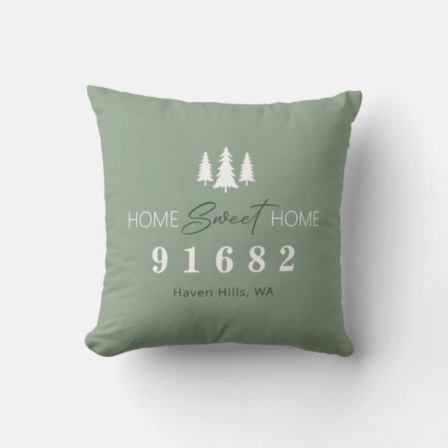 Sage Home Sweet Home Photo Zip Code Throw Pillow (Front)
