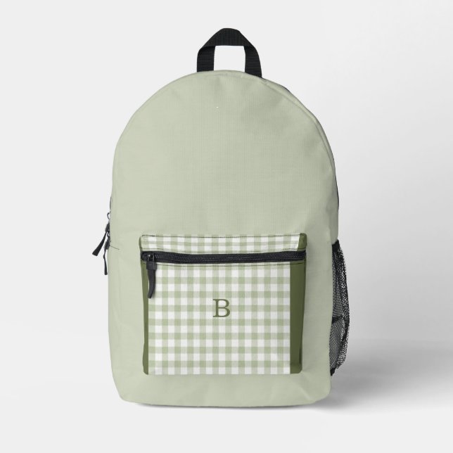 Sage & Hunter Green Gingham Trendy Monogram Printed Backpack (Front)