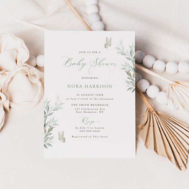 Sage Leaves Butterflies Baby Shower Invitation (Creator Uploaded)