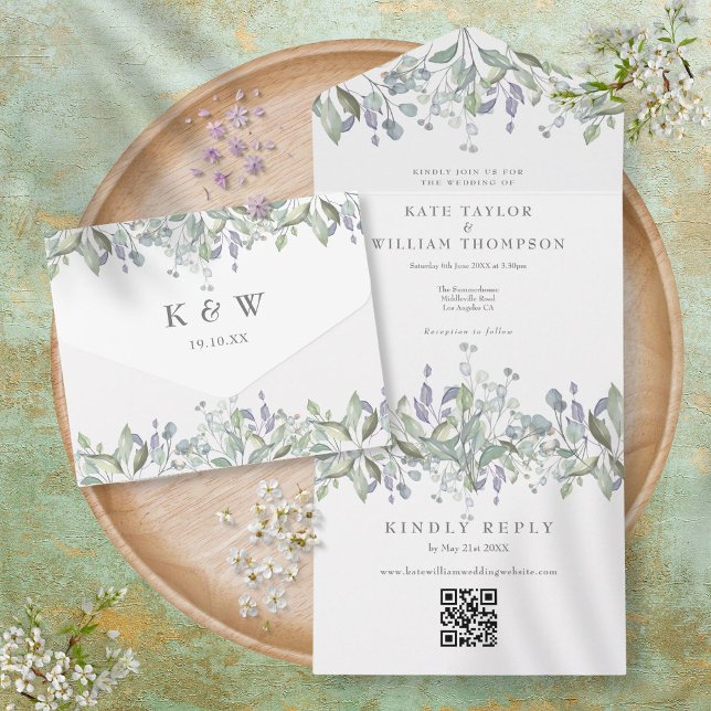 Sage Lilac Floral Monogram QR Code Wedding All In One Invitation (Creator Uploaded)