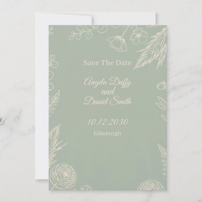 Sage Line Art Floral Save the Date Card (Front)
