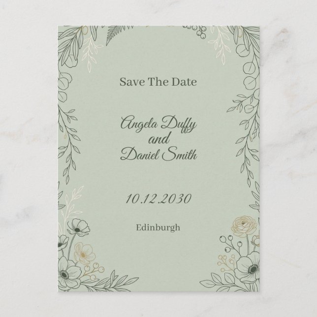 Sage Line Art Floral Save the Date Postcard (Front)