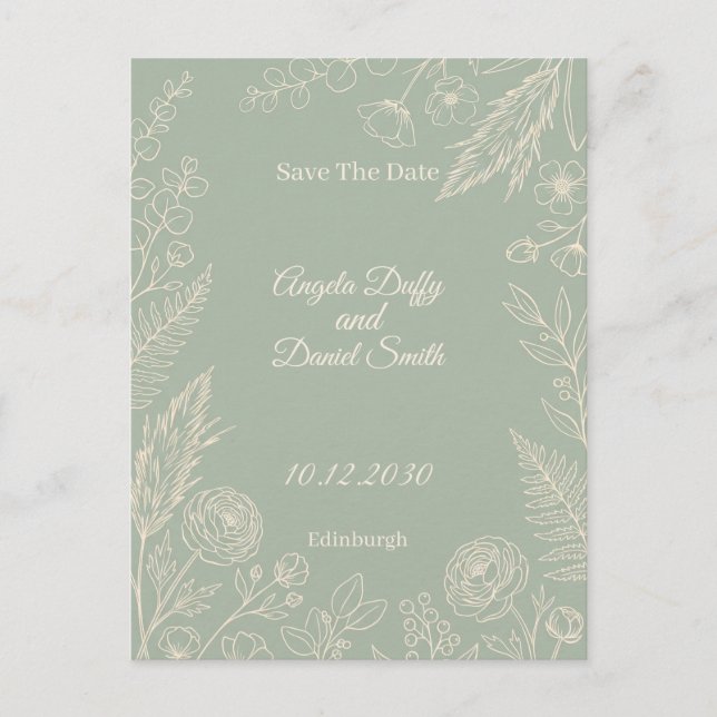 Sage Line Art Floral Save the Date Postcard (Front)