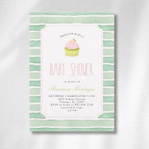 Sage Matcha Cupcake Vintage Striped Baby Shower Invitation