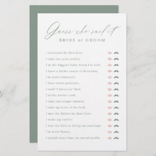 Sage minimal He said She said bridal shower game