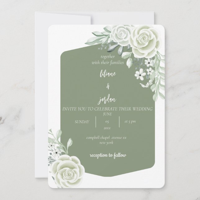  sage minimalist floral wedding  invitation (Front)