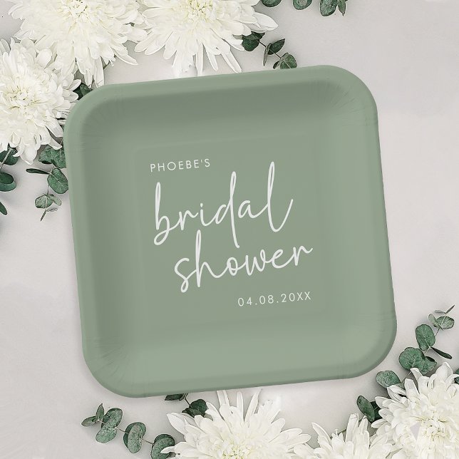 Sage Minimalist Script Bridal Shower Paper Plate (Creator Uploaded)