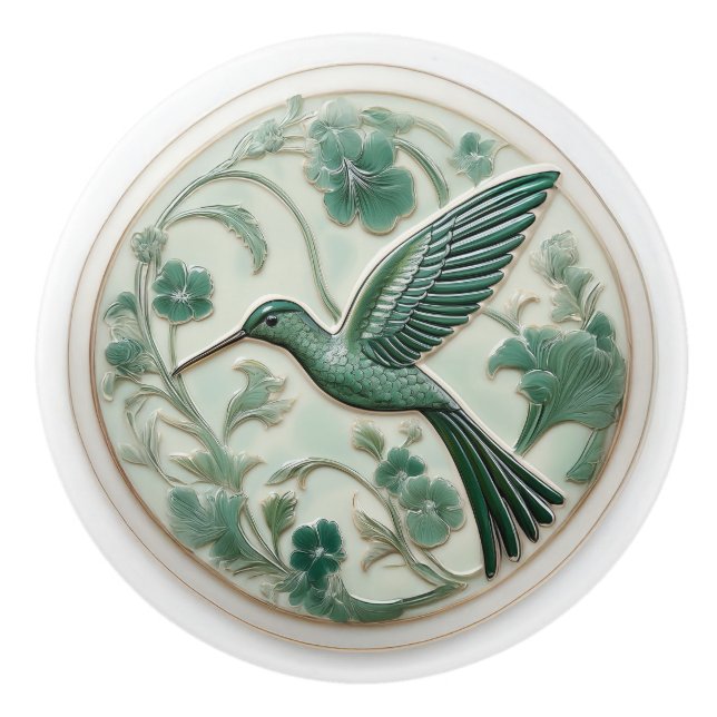 Sage & mint faux relief Art Nouveau Hummingbird L Ceramic Knob (Front)