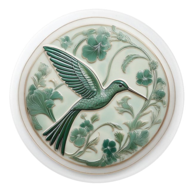 Sage & mint faux relief Art Nouveau Hummingbird R Ceramic Knob (Front)