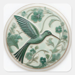 Sage & mint faux relief Art Nouveau Hummingbird R Square Sticker