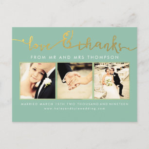 Sage Mint Gold Wedding Love & Thanks Script Photo Postcard