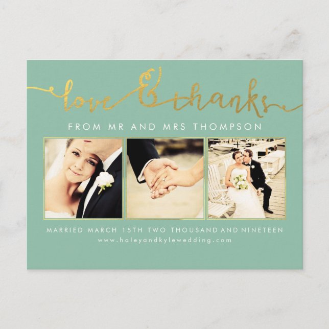 Sage Mint Gold Wedding Love & Thanks Script Photo Postcard (Front)