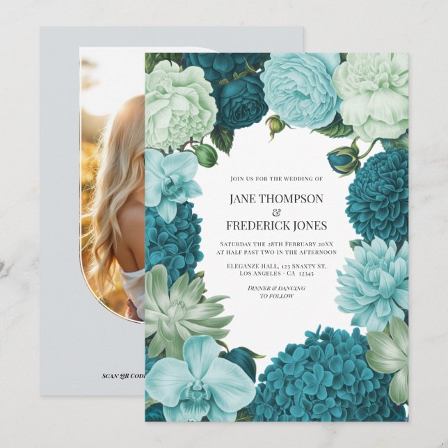 Sage Mint, Ocean Teal & Ice Bluebell Wedding Invitation (Front/Back)