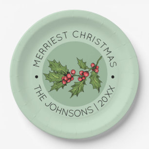 Sage Mistletoe Christmas Holiday Party Paper Plate