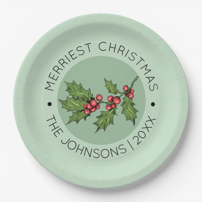 Sage Mistletoe Christmas Holiday Party Paper Plate (Front)