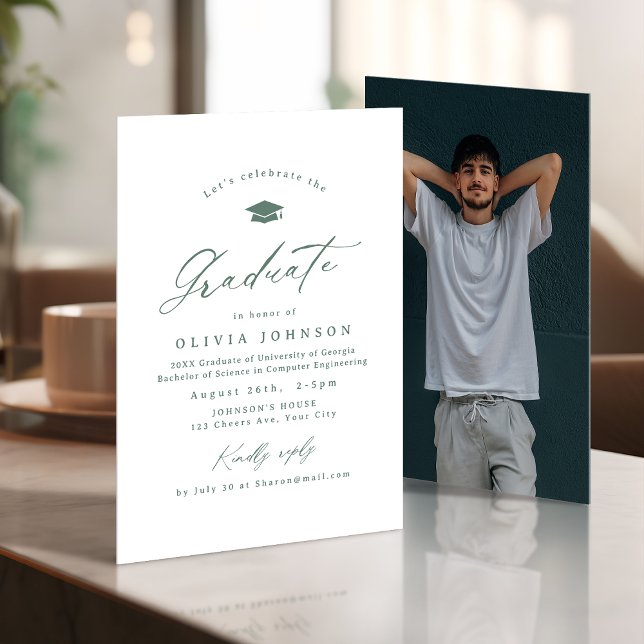 Sage Modern Calligraphy Simple Photo Graduation Invitation (Sage Modern Calligraphy Simple Photo Graduation Invitation)
