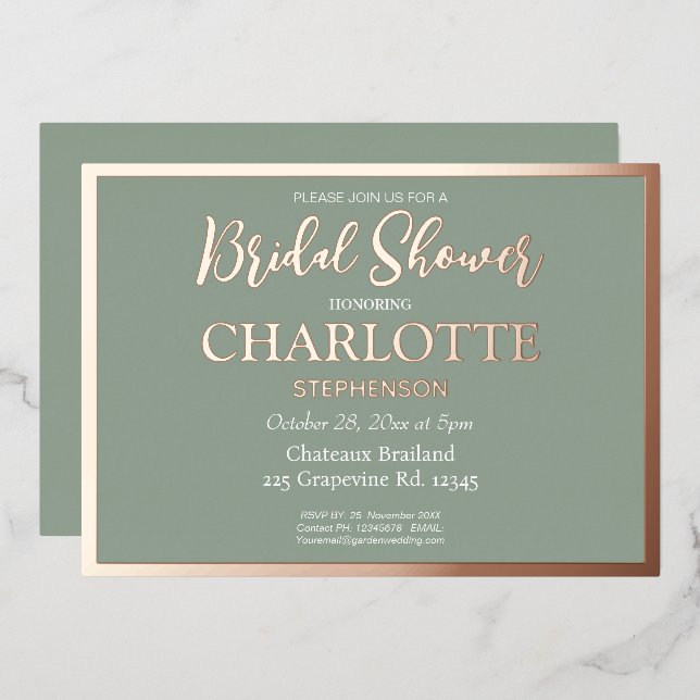 Sage Modern Classic Bridal Shower Rose Gold Border (Front/Back)