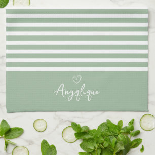Sage Modern Heart and Stripes Monongram    Kitchen Towel