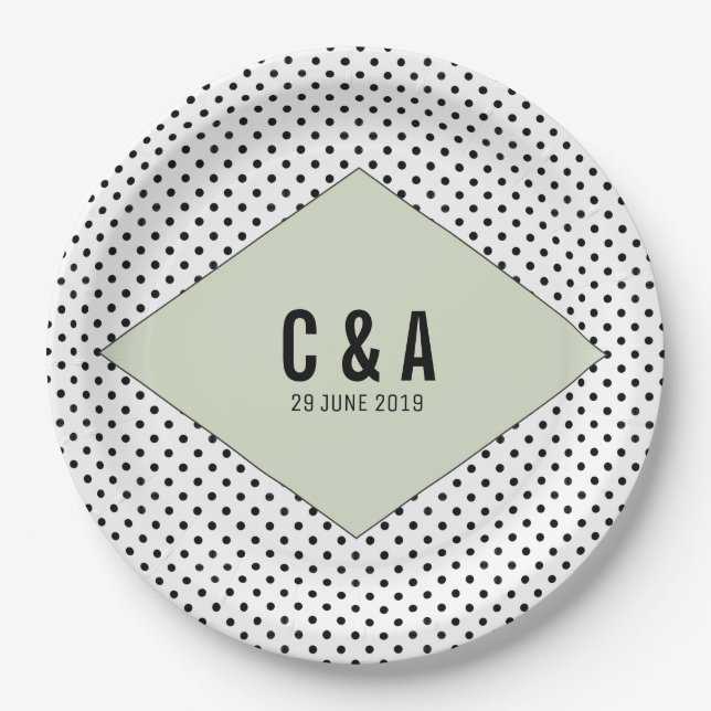 Sage Modern Polka Dots Wedding Paper Plate (Front)