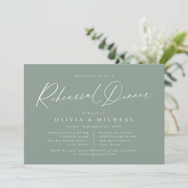 Sage modern script minimalist rehearsal dinner invitation (Standing Front)