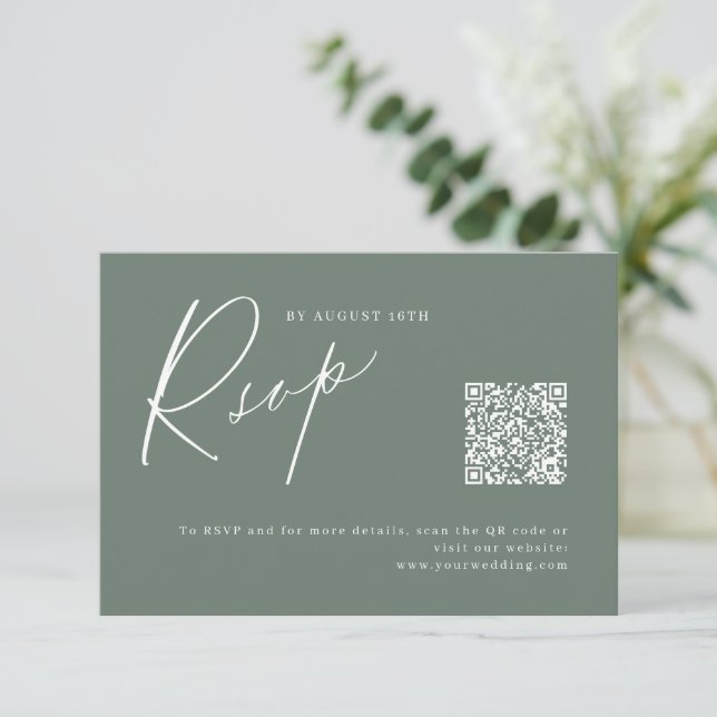 Sage modern script minimalist wedding QR code RSVP Card (Standing Front)