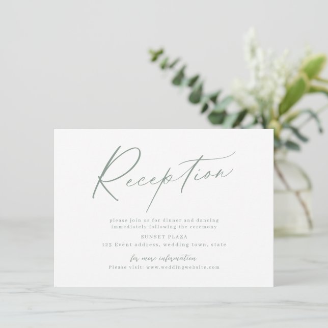 Sage modern script minimalist wedding reception card (Standing Front)