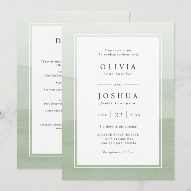 Sage Modern Wedding All In One Invitation (Front/Back)
