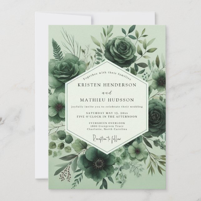 Sage Monochromatic Flora Wedding Invitation (Front)