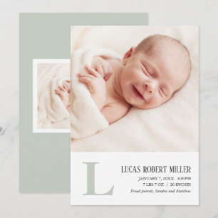 Sage Monogram Baby Birth Announcement Photo Card