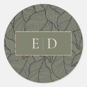 Sage Monogram Elegant Leaves Line Art Classy Classic Round Sticker
