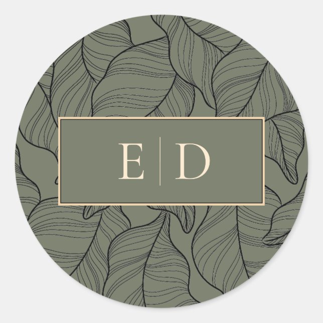 Sage Monogram Elegant Leaves Line Art Classy Classic Round Sticker (Front)