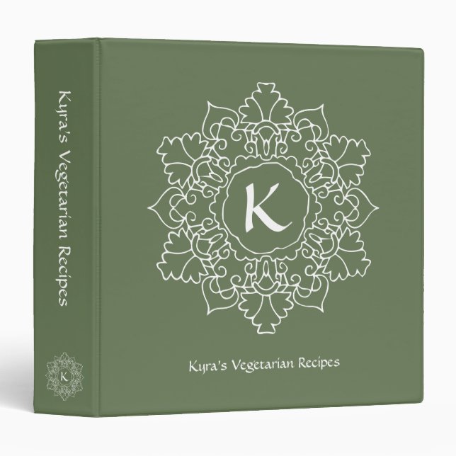 Sage Monogram Modern Mandala Custom Kitchen Recipe Binder (Front/Spine)
