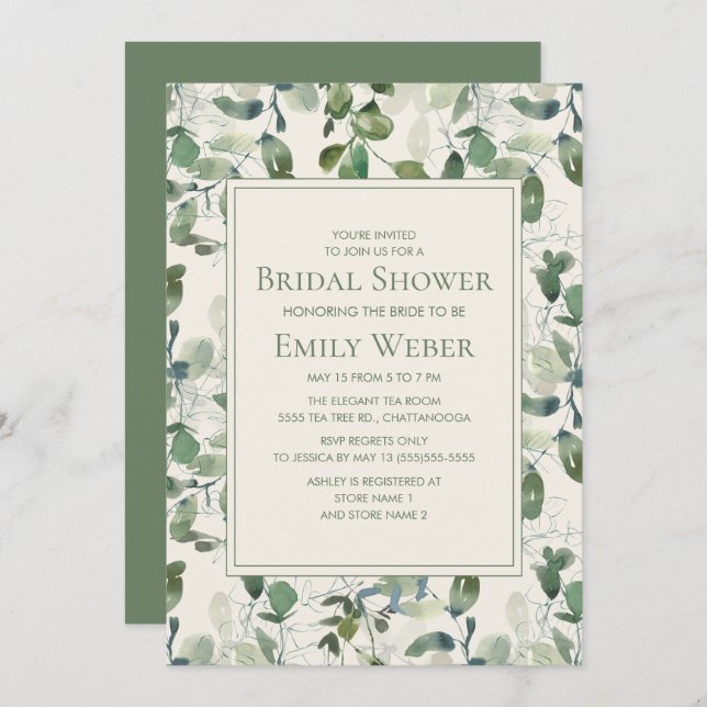 Sage Moss Green Eucalyptus Leaves Bridal Shower Invitation (Front/Back)