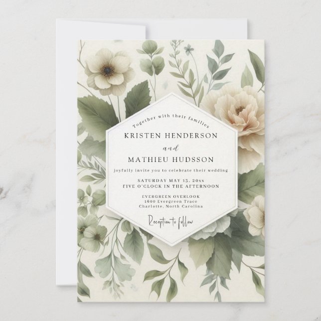 Sage Muted Flora Wedding Invitation (Front)