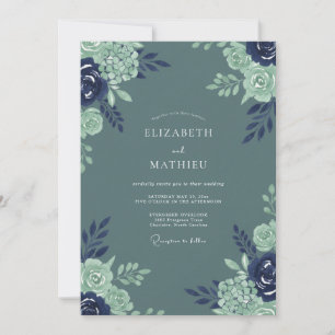 Sage Navy Watercolor Floral Wedding Invitation