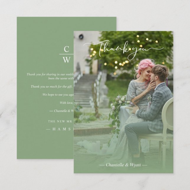 Sage Newlyweds Photo Simple Calligraphy Script Thank You Card (Front/Back)