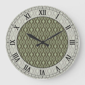 sage olive green and brown damask roman numerals large clock