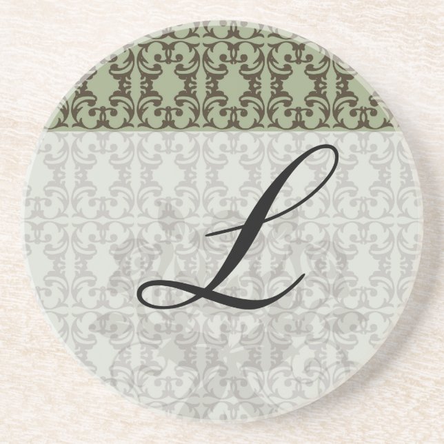 sage olive green and brown ornate damask pattern coaster (Front)