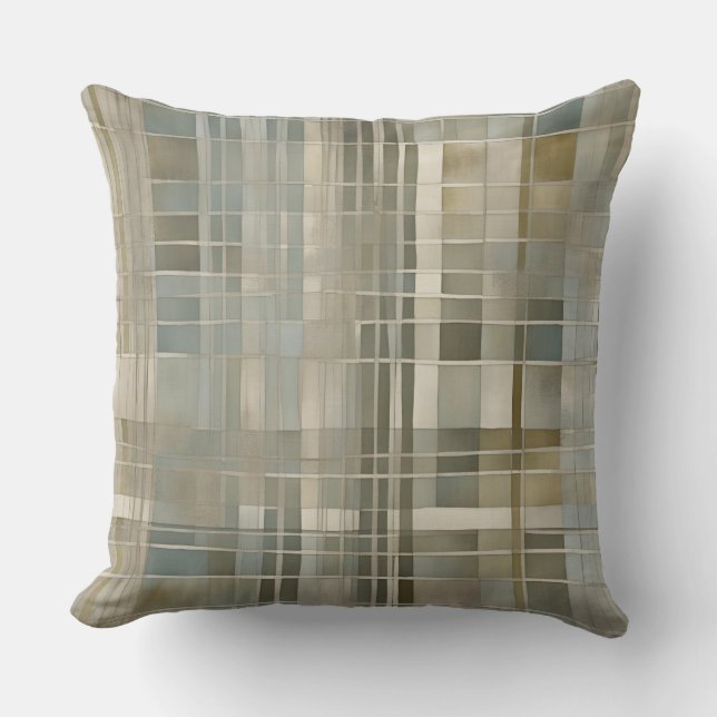 Sage Olive Green Dusty Blue Farmhouse Plaid Throw Pillow (Front)