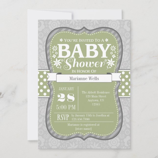 Sage Olive Green Grey Floral Baby Shower Invite (Front)
