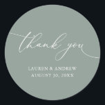Sage Olive Green Minimalist Wedding Thank You Classic Round Sticker<br><div class="desc">Our modern minimalist thank you sticker/seal has "thank you" written in modern calligraphy script and can be fully customized with your name,  dates and background colour.</div>