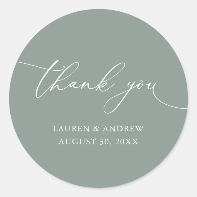 Sage Olive Green Minimalist Wedding Thank You Classic Round Sticker (Front)